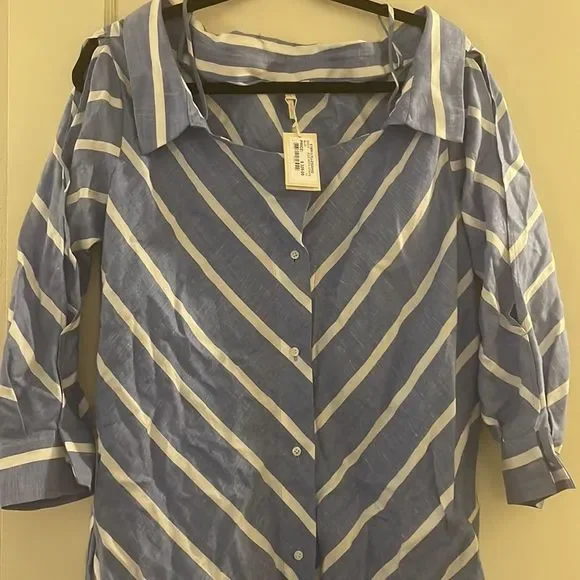 NWT Maje blue and white stripe cold shoulder shirt dress midi